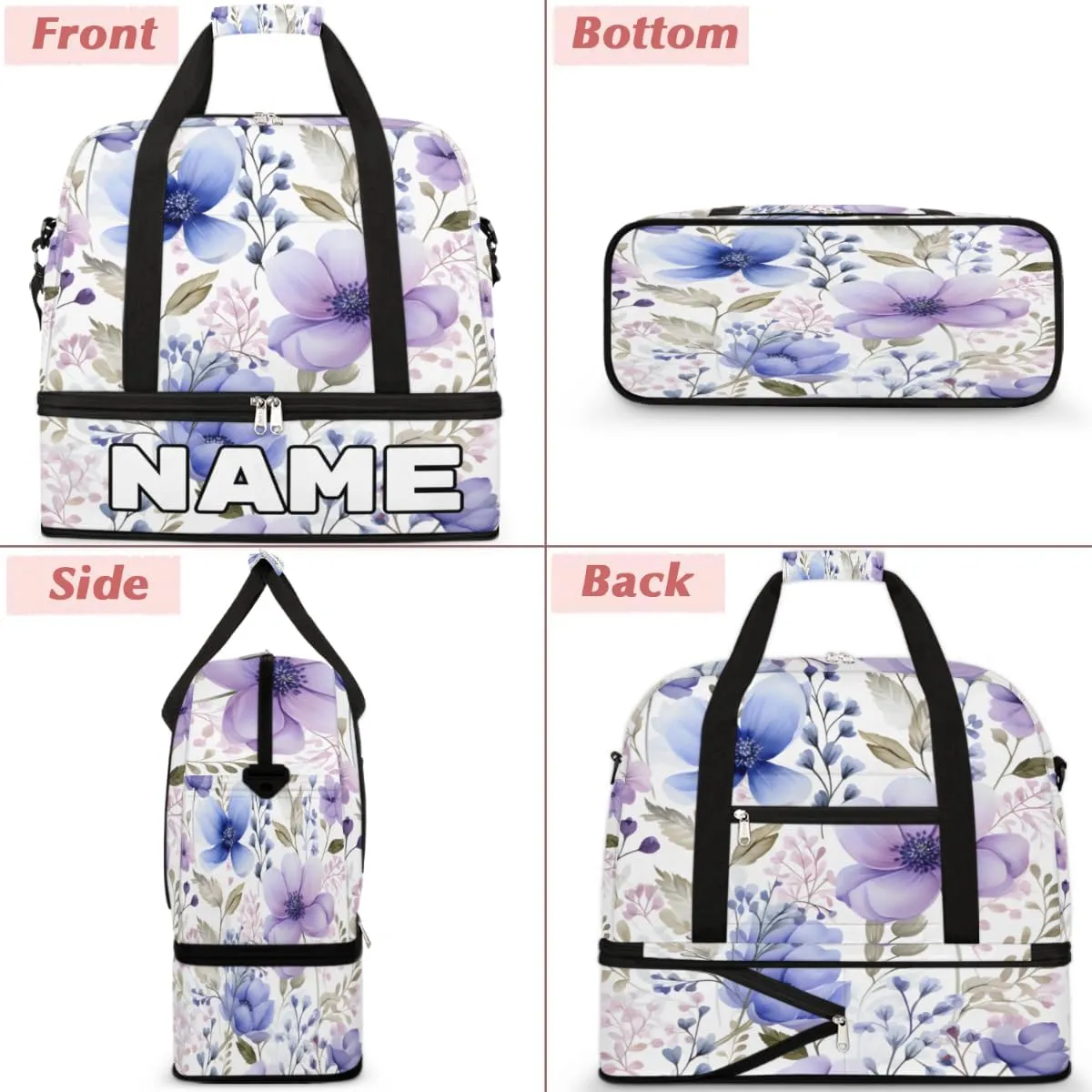Summer Flower Print Custom Foldable Duffle Bag with Shoes Compartment Personalized Large Capacity Waterproof Travel Weekender Bag Overnight Bag for Sports Gym