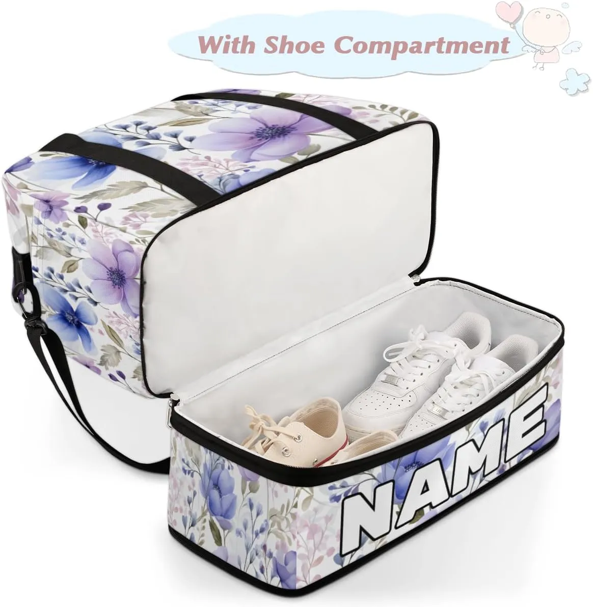 Summer Flower Print Custom Foldable Duffle Bag with Shoes Compartment Personalized Large Capacity Waterproof Travel Weekender Bag Overnight Bag for Sports Gym