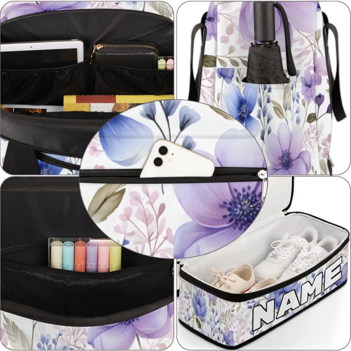 Summer Flower Print Custom Foldable Duffle Bag with Shoes Compartment Personalized Large Capacity Waterproof Travel Weekender Bag Overnight Bag for Sports Gym