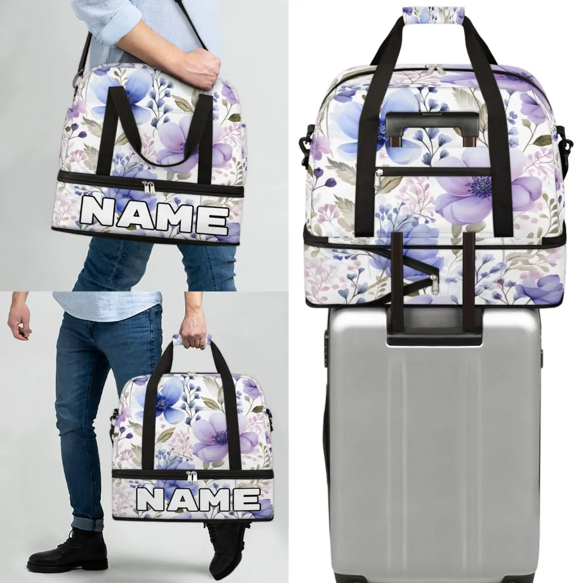 Summer Flower Print Custom Foldable Duffle Bag with Shoes Compartment Personalized Large Capacity Waterproof Travel Weekender Bag Overnight Bag for Sports Gym