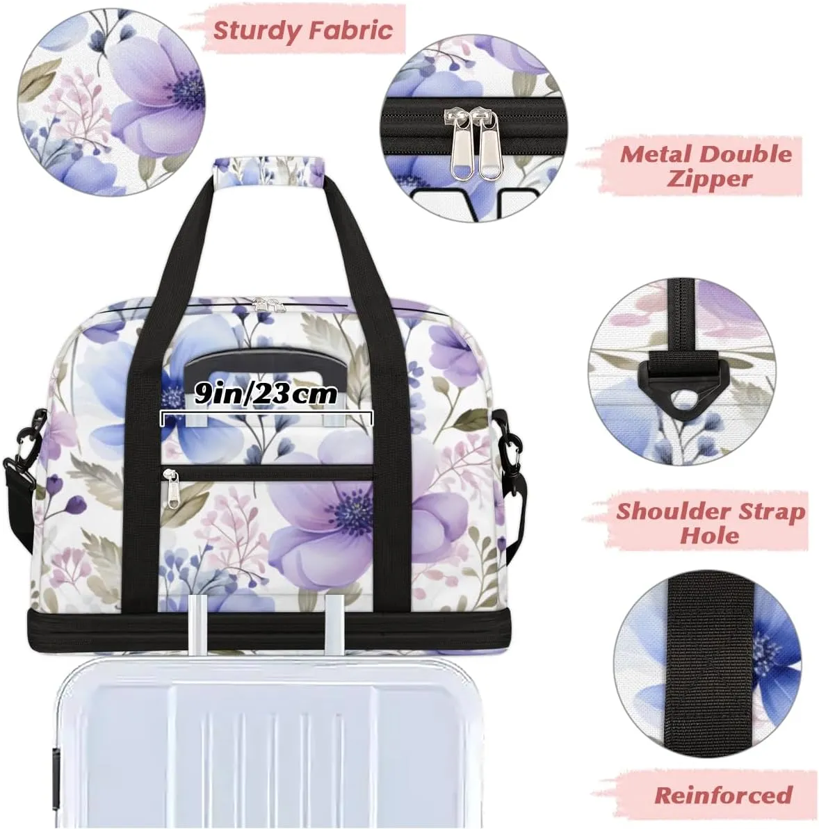Summer Flower Print Custom Foldable Duffle Bag with Shoes Compartment Personalized Large Capacity Waterproof Travel Weekender Bag Overnight Bag for Sports Gym