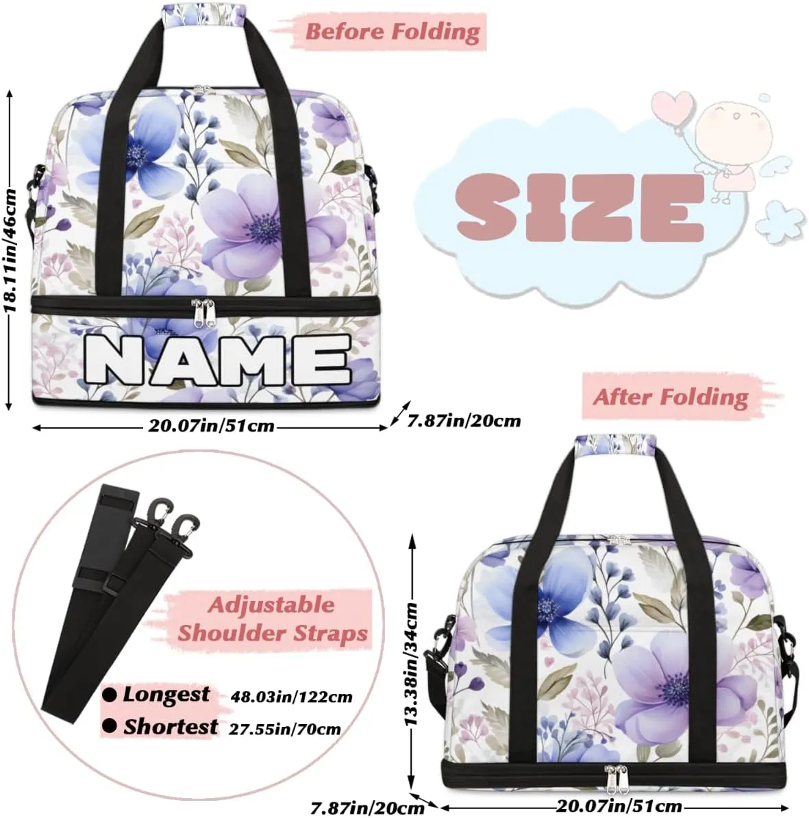 Summer Flower Print Custom Foldable Duffle Bag with Shoes Compartment Personalized Large Capacity Waterproof Travel Weekender Bag Overnight Bag for Sports Gym