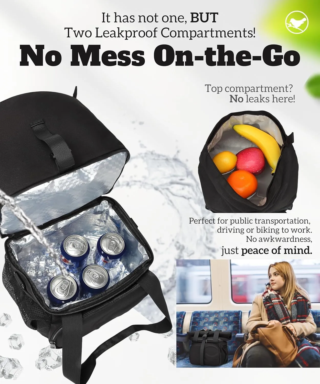 SUNNY BIRD 14L Large Insulated Lunch Bag, Leakproof and Dual Compartment Lunch Cooler Box for Women Adult and Men, Fits 21 Cans (Black 01)