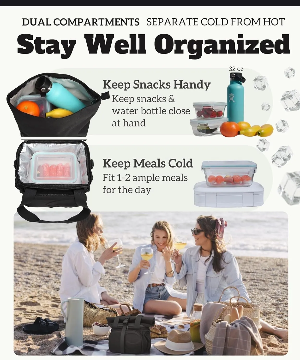 SUNNY BIRD 14L Large Insulated Lunch Bag, Leakproof and Dual Compartment Lunch Cooler Box for Women Adult and Men, Fits 21 Cans (Black 01)