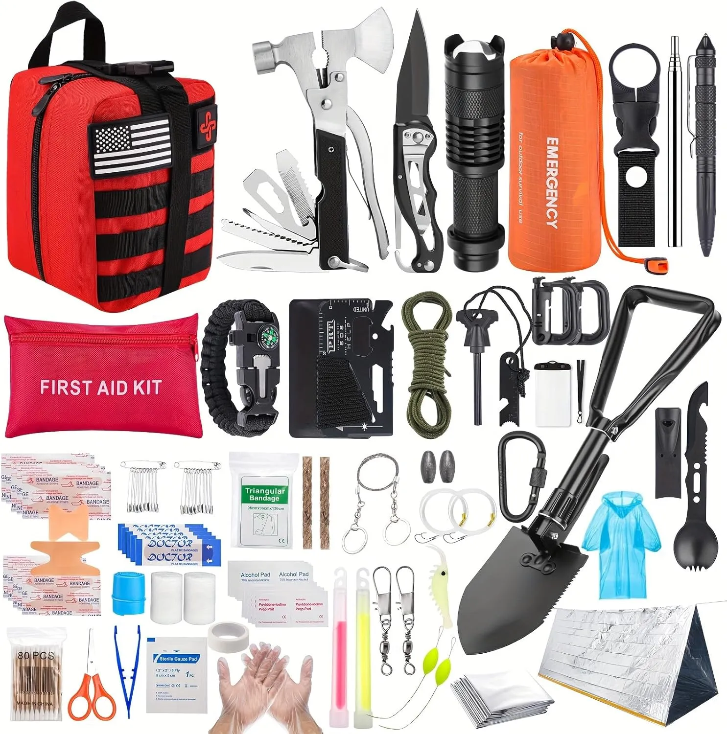 Survival Kit, 252Pcs Survival Gear First Aid Kit with Molle System Compatible Bag and Emergency Tent, Emergency Kit for Earthquake, Outdoor Adventure, Hiking, Hunting, Gifts for Men Women (Red)