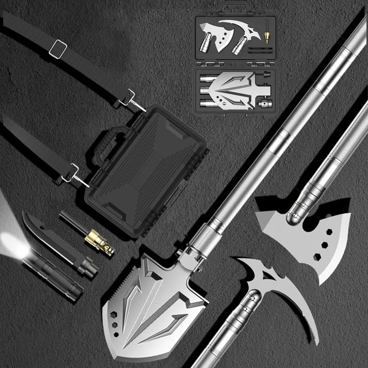 Survival Shovel Camping Tools Folding Portable Survival Gear Tactical Axe Multitool with Hard Carrying Case for Outdoor, Car Emergency, Camping Adventures
