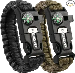 SURVIVE Paracord Bracelet, Pack of 2, Emergency Survival Kit Fire Starter Compass Whistle 8.5-10 ft Continuous Strand Flint Steel Scraper 5 in 1