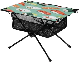 Sushi Pattern Green Portable Folding Camping Table, Compact Lightweight Beach Table with Carrying Bag for Outdoor Picnics, BBQs, Camp