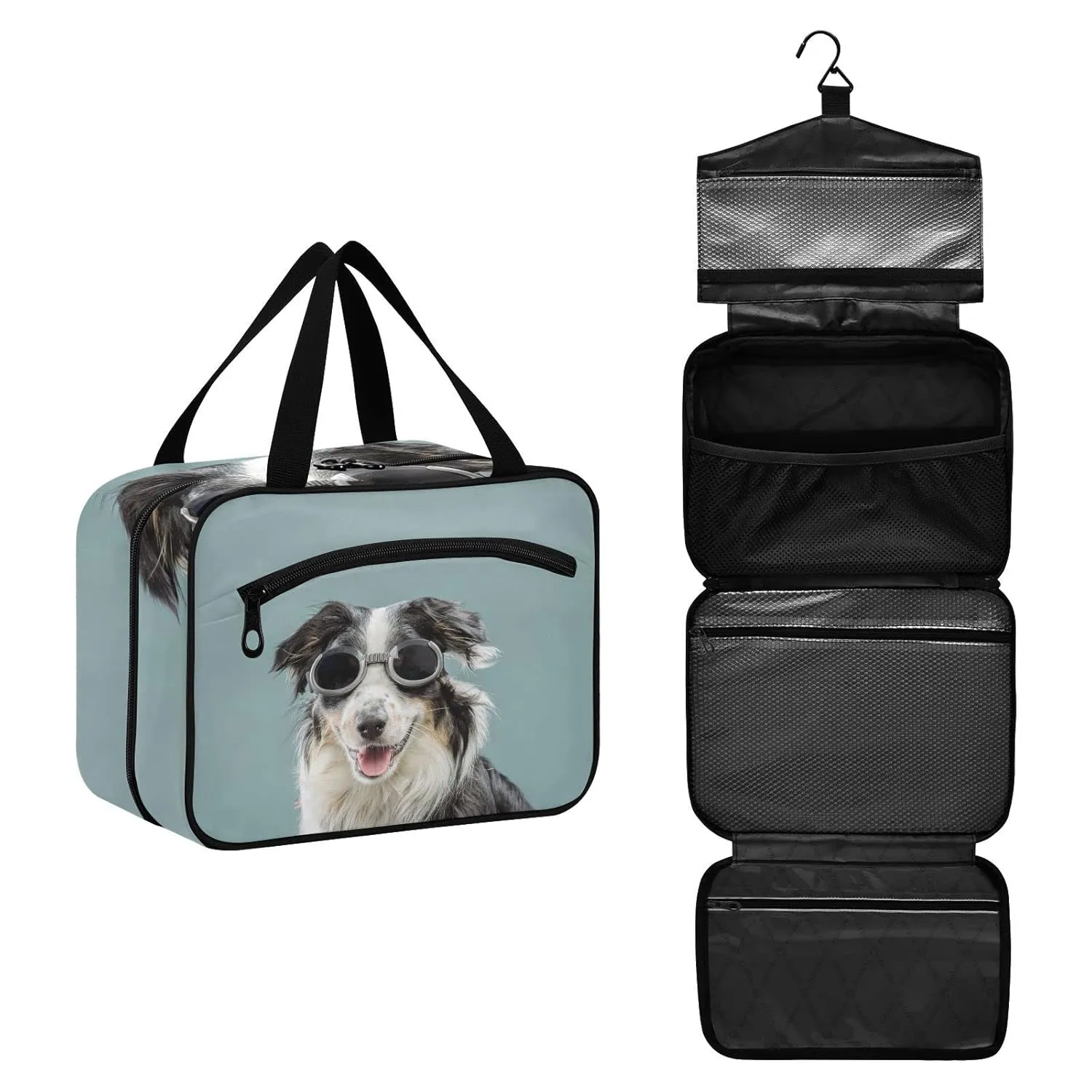 susiyo Australian Shepherd Dog Toiletry Bags with Hanging Hook Foldable Cosmetic Bag Travel Accessories - Large