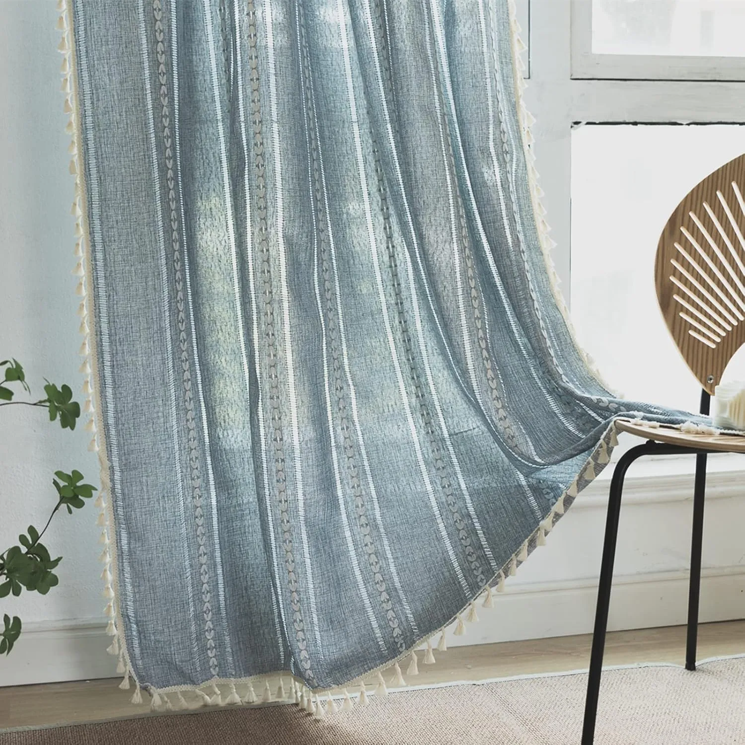 Sutuo Home Boho Curtains for Bedroom Living Room Kitchen, Semi-Blackout French Country Farmhouse Vintage Linen Shabby Chic Tassels Hollow Window Treatment Bohemian Drape, 1 Panel 52" W x 63" L, Blue