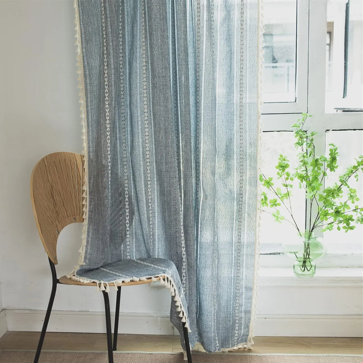 Sutuo Home Boho Curtains for Bedroom Living Room Kitchen, Semi-Blackout French Country Farmhouse Vintage Linen Shabby Chic Tassels Hollow Window Treatment Bohemian Drape, 1 Panel 52" W x 63" L, Blue
