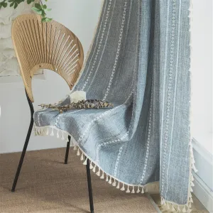 Sutuo Home Boho Curtains for Bedroom Living Room Kitchen, Semi-Blackout French Country Farmhouse Vintage Linen Shabby Chic Tassels Hollow Window Treatment Bohemian Drape, 1 Panel 52" W x 63" L, Blue