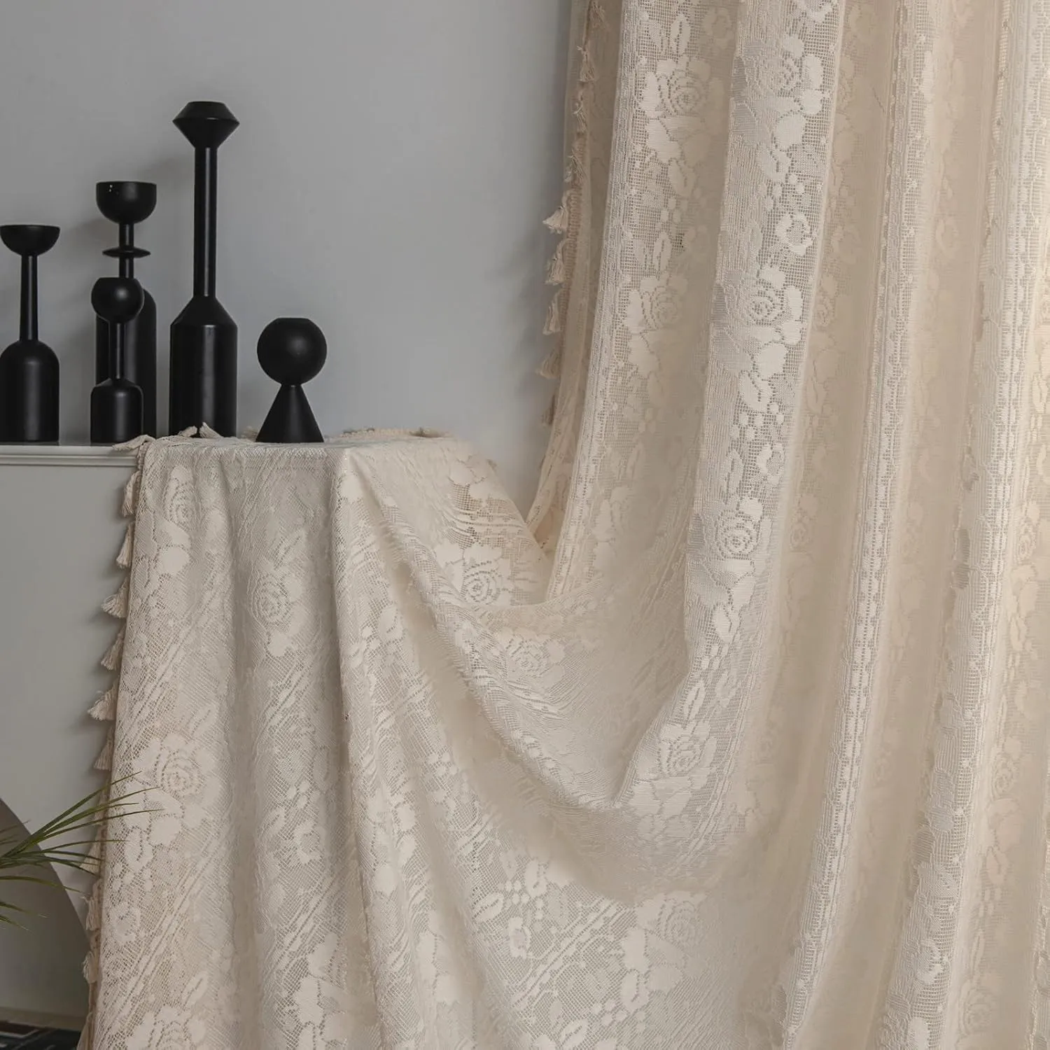 Sutuo Home Crochet Boho Curtain Rose Florals Embroidery, Sheer Lace Handmade Tassels Knitted Window Treatment Vintage Rustic Bohemian Farmhouse Drape for Bedroom Rod Pocket 1 Panel 59" W x 84" L