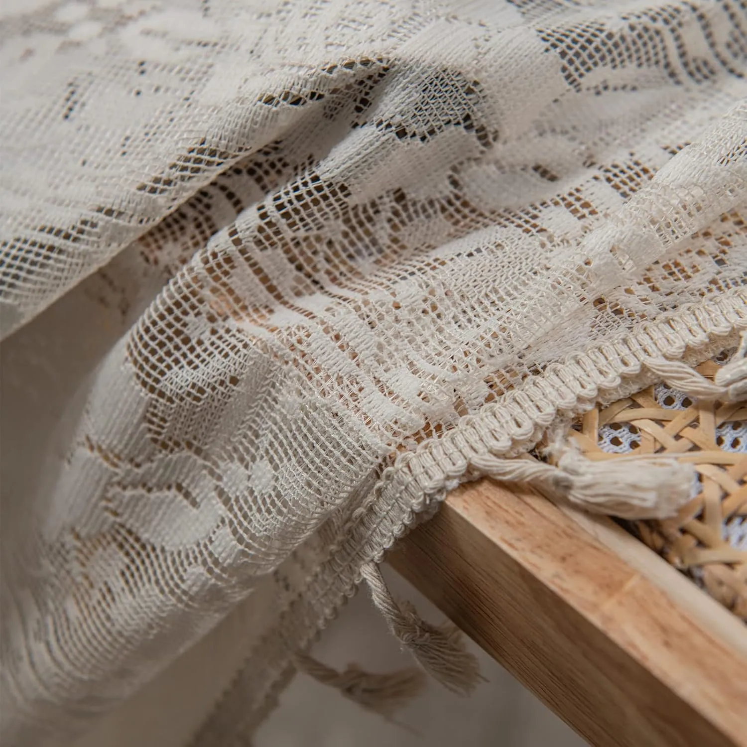 Sutuo Home Crochet Boho Curtain Rose Florals Embroidery, Sheer Lace Handmade Tassels Knitted Window Treatment Vintage Rustic Bohemian Farmhouse Drape for Bedroom Rod Pocket 1 Panel 59" W x 84" L