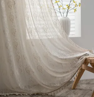 Sutuo Home Crochet Boho Curtain Rose Florals Embroidery, Sheer Lace Handmade Tassels Knitted Window Treatment Vintage Rustic Bohemian Farmhouse Drape for Bedroom Rod Pocket 1 Panel 59" W x 84" L