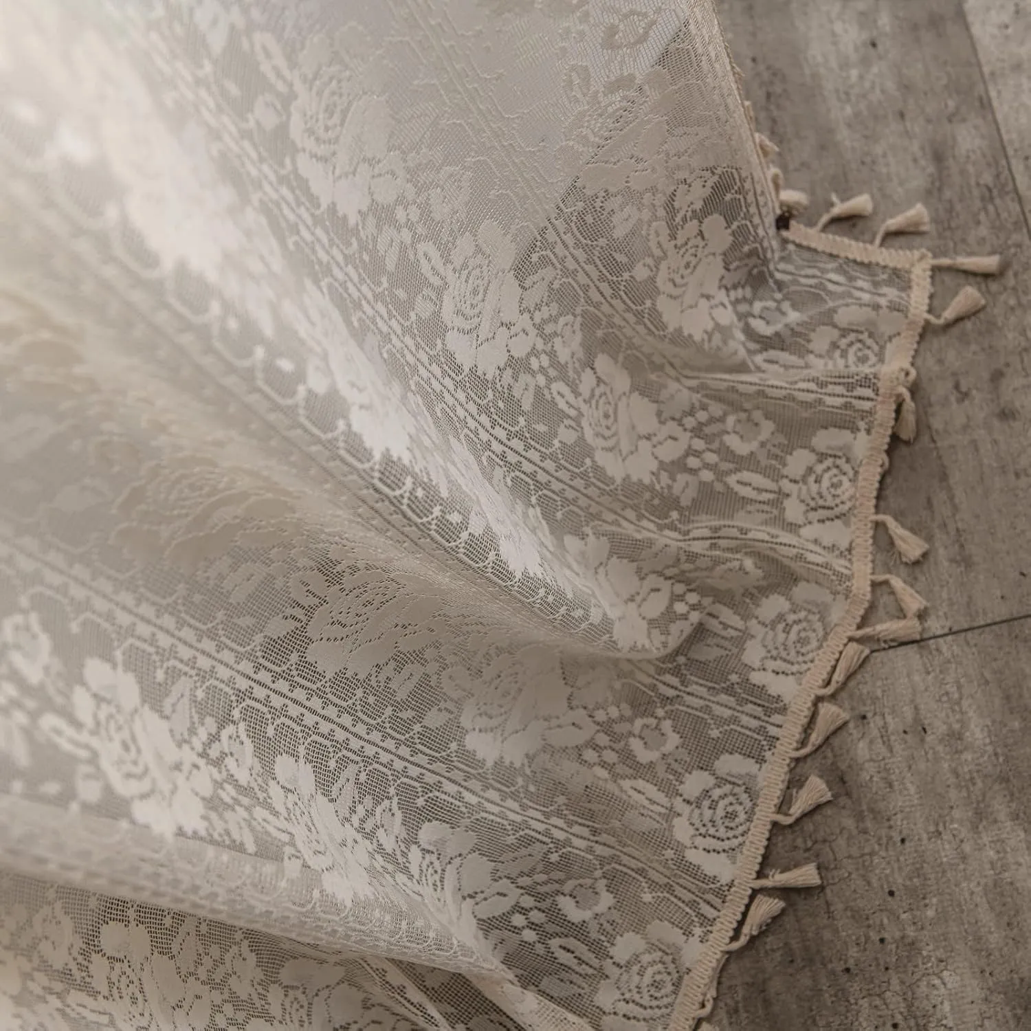 Sutuo Home Crochet Boho Curtain Rose Florals Embroidery, Sheer Lace Handmade Tassels Knitted Window Treatment Vintage Rustic Bohemian Farmhouse Drape for Bedroom Rod Pocket 1 Panel 59" W x 84" L