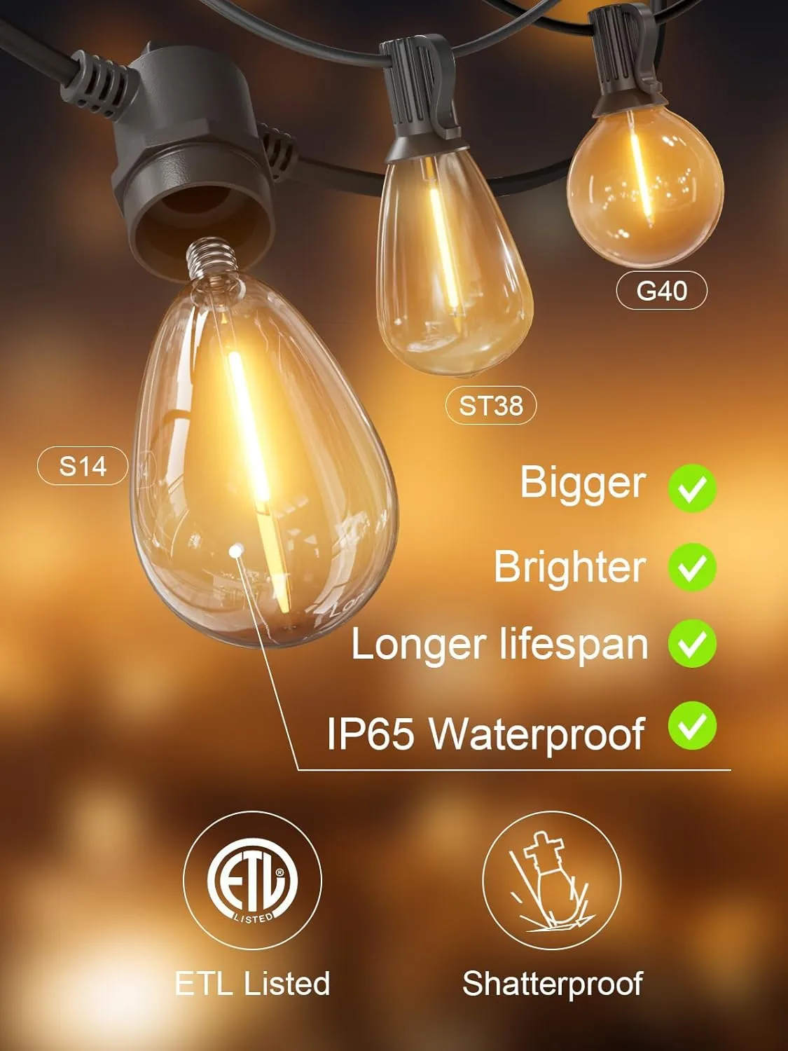 Svater Outdoor String Lights 50 FT, Patio Light for Outside with Shatterproof S14 LED Bulbs, IP65 Waterproof Connectable Hanging Lights for Backyard, Bistro, Cafe, Balcony, Party, Black