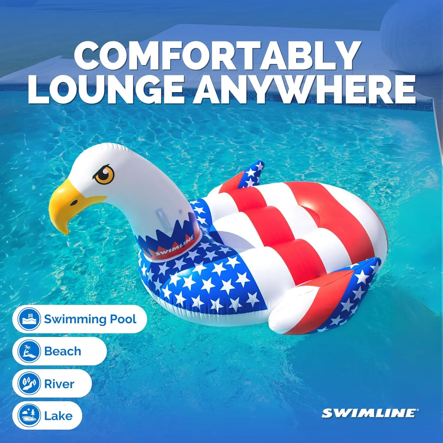 SWIMLINE ORIGINAL 90700 Patriotic Americana Eagle Pool Float | Oversized Ride-On Raft with Stable Design | Lounge Floatie Ideal for Summer Gatherings & Poolside Relaxation