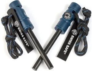 Swiss Safe 5-in-1 Fire Starter with Compass, Paracord and Whistle (2-Pack) for Emergency Survival Kits, Camping, Hiking, All-Weather Magnesium Ferro Rod