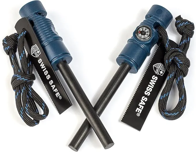 Swiss Safe 5-in-1 Fire Starter with Compass, Paracord and Whistle (2-Pack) for Emergency Survival Kits, Camping, Hiking, All-Weather Magnesium Ferro Rod