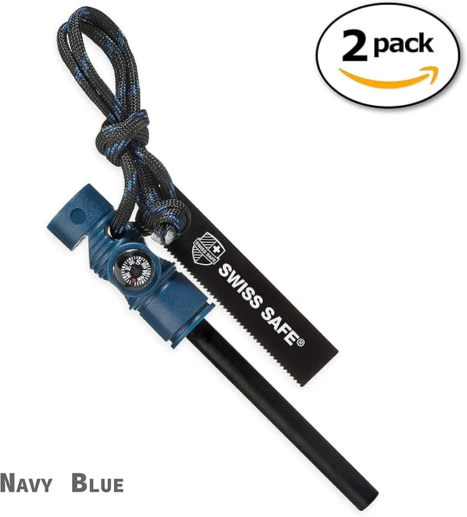 Swiss Safe 5-in-1 Fire Starter with Compass, Paracord and Whistle (2-Pack) for Emergency Survival Kits, Camping, Hiking, All-Weather Magnesium Ferro Rod