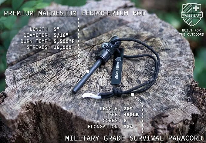 Swiss Safe 5-in-1 Fire Starter with Compass, Paracord and Whistle (2-Pack) for Emergency Survival Kits, Camping, Hiking, All-Weather Magnesium Ferro Rod