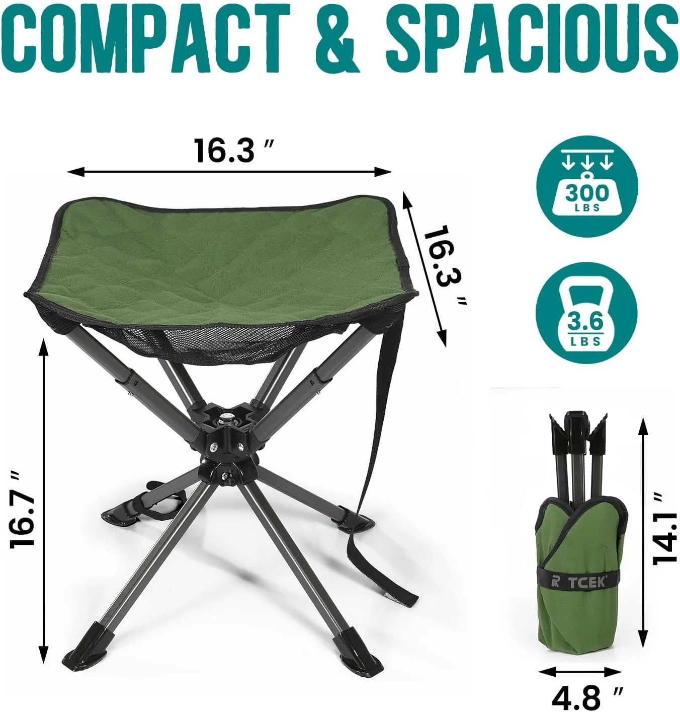 Swivel Portable Camping Stool, Collapsible Folding Outdoor Stools for Adults, Foldable Lightweight Compact 360 Stool Chair for Hiking Fishing Travel, Support 300 LBS