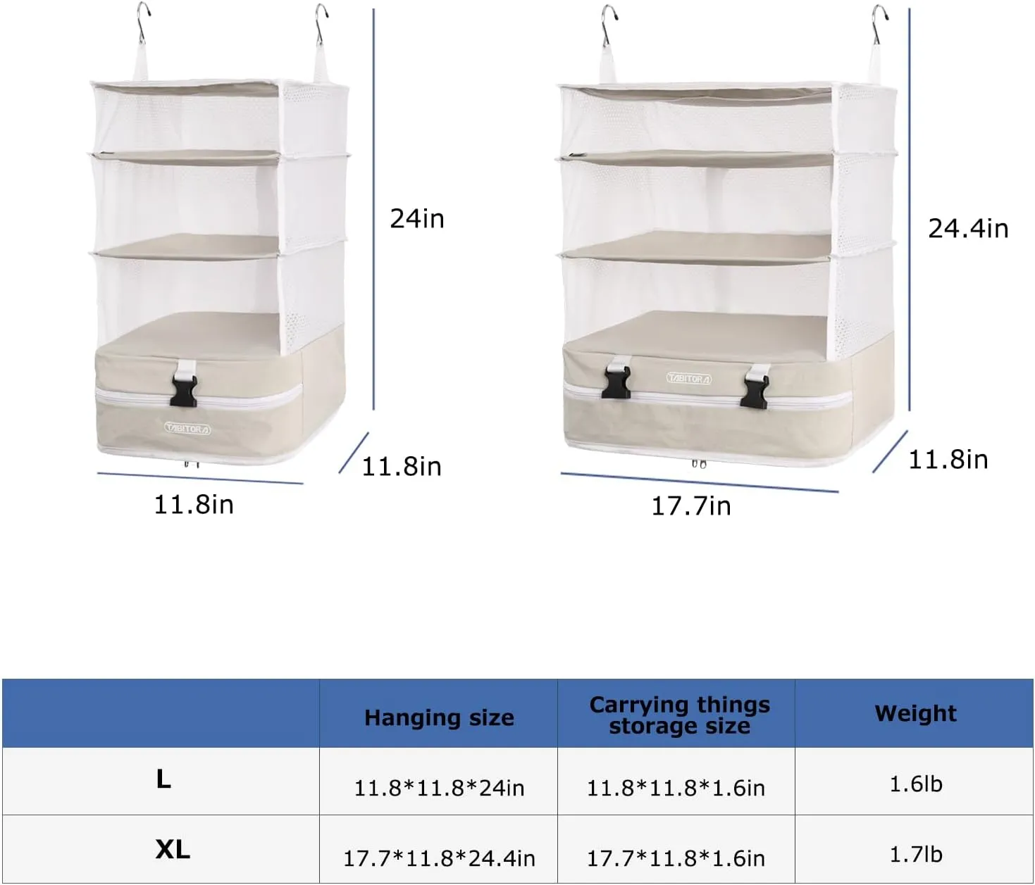 TABITORA Portable Hanging Travel Shelves Bag Packing Cube Organizer Suitcase Storage Large Capacity (Cream white L)