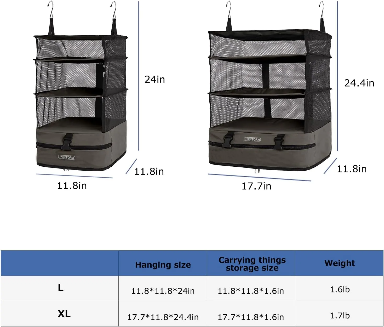 TABITORA Portable Hanging Travel Shelves Bag Packing Cube Organizer Suitcase Storage Large Capacity (Taupe L)