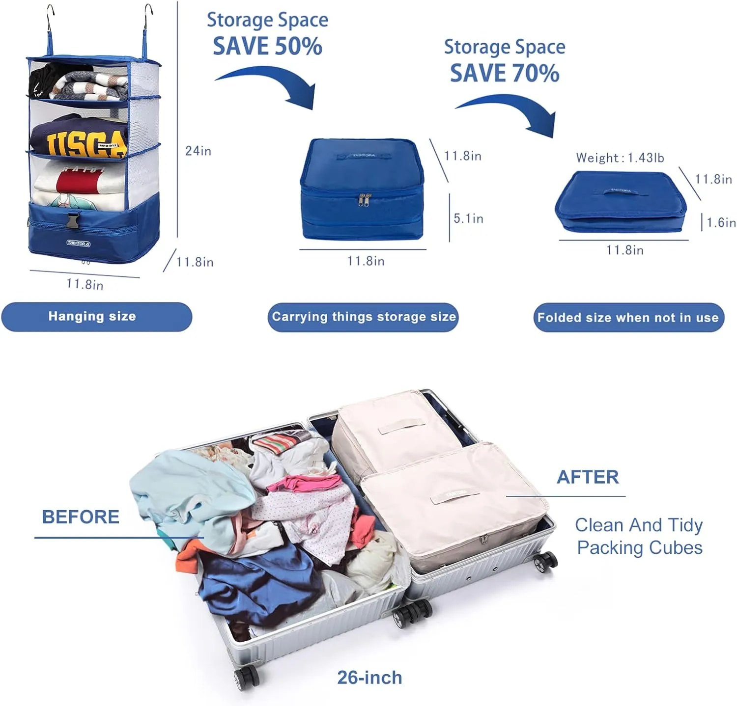 TABITORA Portable Hanging Travel Shelves Bag Packing Cube Organizer Suitcase Storage Large Capacity