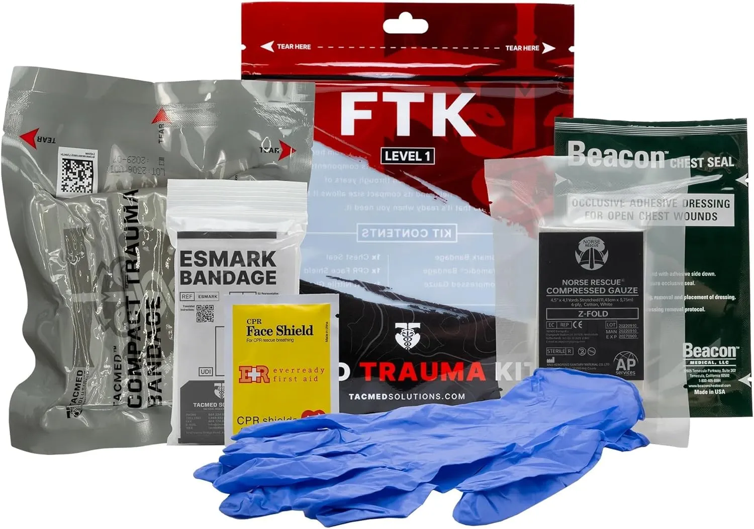 TacMed Solutions Field Trauma Kit Level 1, (FTK) Compact Trauma Waterproof Kit with Bleeding and Chest Wound Control, Includes Compact Trauma Bandage and Esmark Bandage