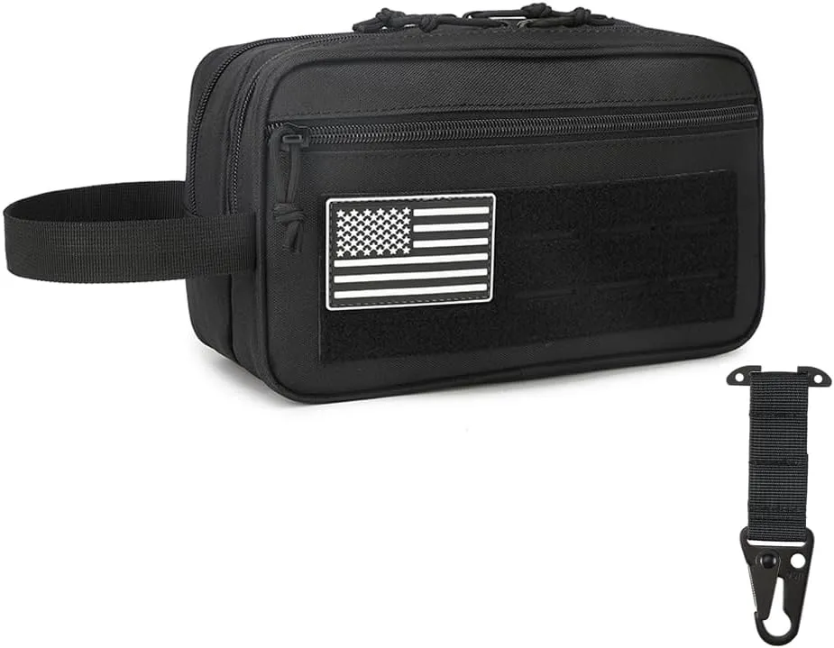 Tactical Toiletry Bag for Men – MOLLE Dopp Kit with Dry/Wet Separation, Large Capacity, Water-Resistant Travel Shaving Bag with U.S Patch & T-Mount MOLLE Clip (Black)