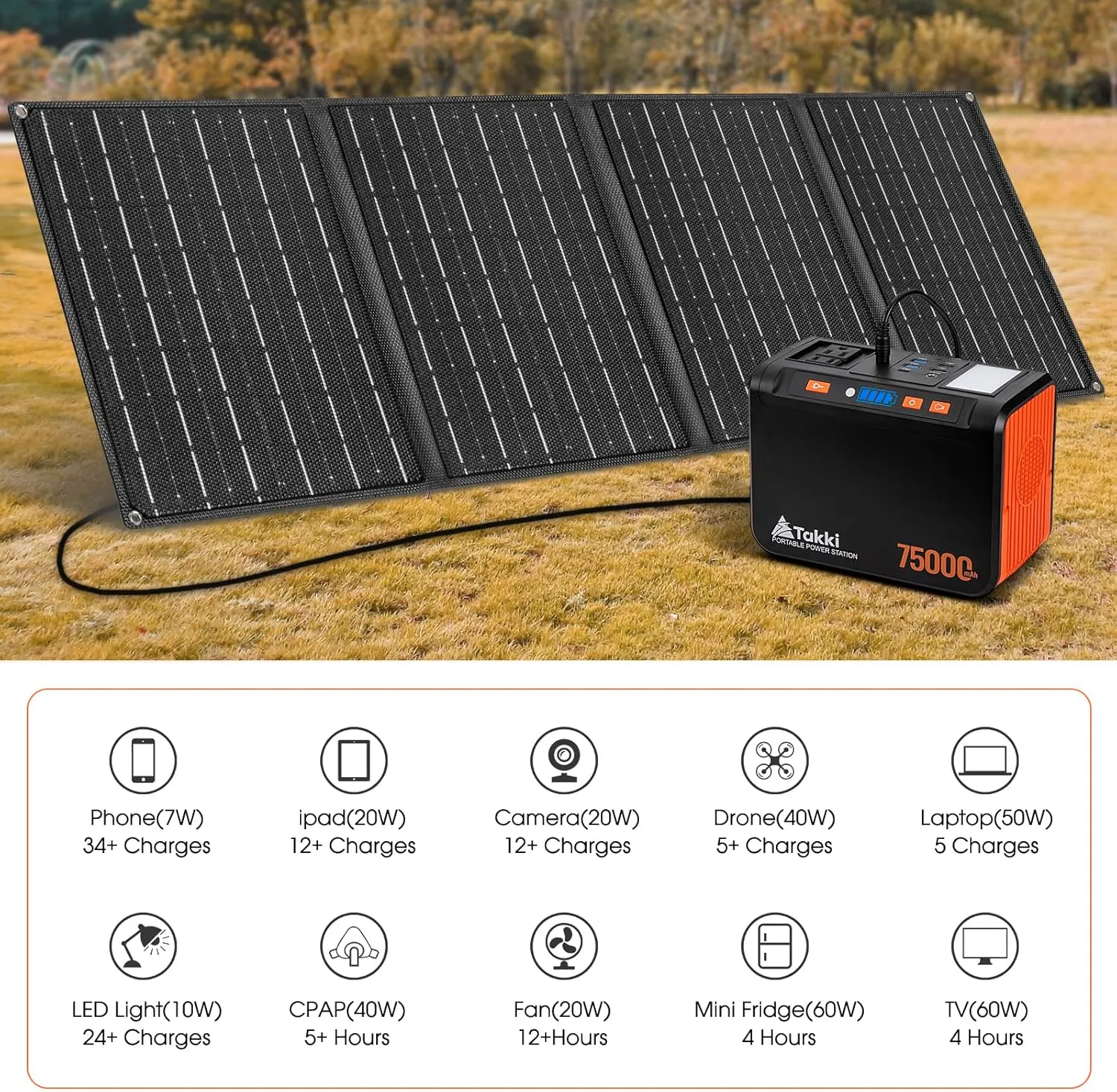 Takki Solar Generator 277Wh Portable Power Station with Solar Panels 40W Included 450W Peak 110V Pure Sine Wave AC Outlet DC USB Ports for Camping Emergency Tent Outdoor Trip
