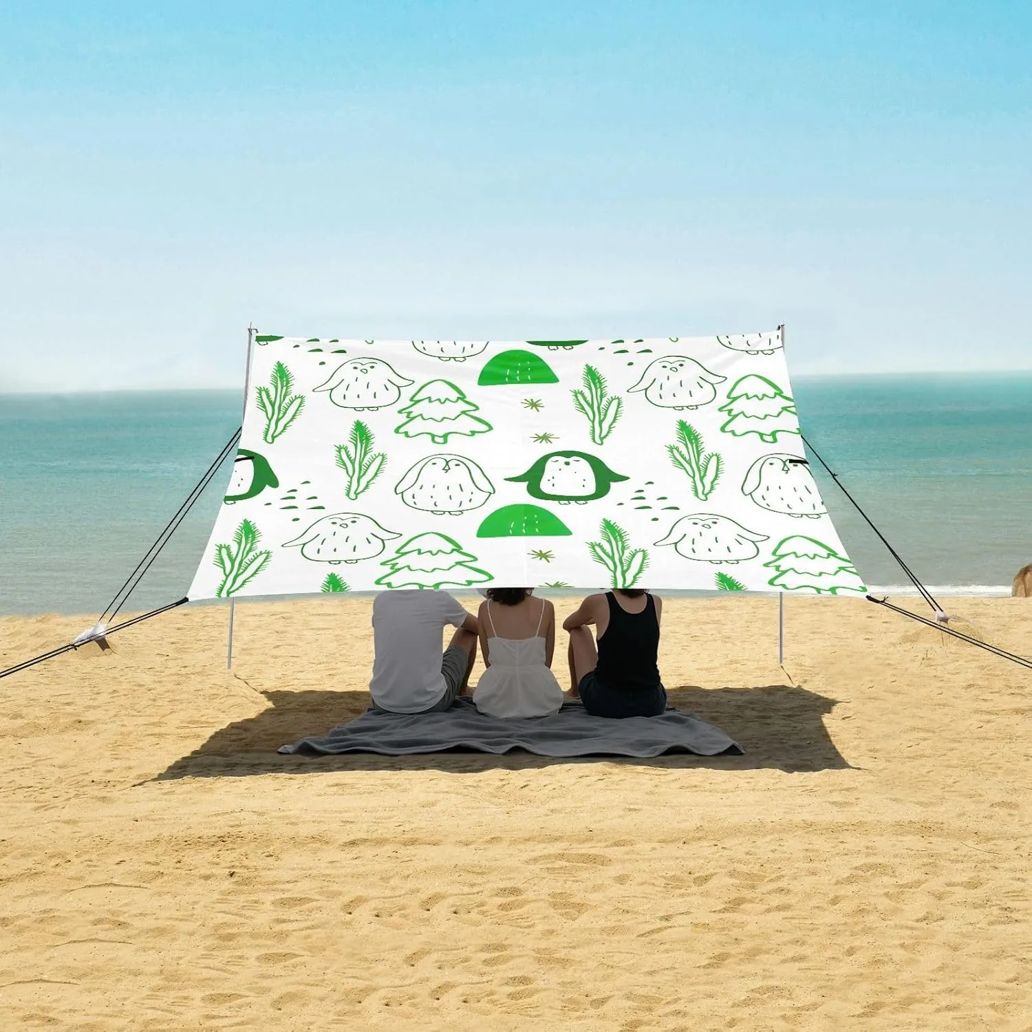Tent Beach Canopy Green Penguins Christmas Trees Patio Sun Shade Outdoor 9.2 × 10.5 FT Decorative Camping Sun Shelter Yard Canopies with Sand Bags Poles