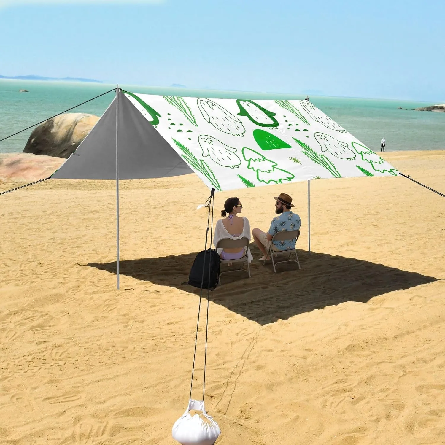 Tent Beach Canopy Green Penguins Christmas Trees Patio Sun Shade Outdoor 9.2 × 10.5 FT Decorative Camping Sun Shelter Yard Canopies with Sand Bags Poles