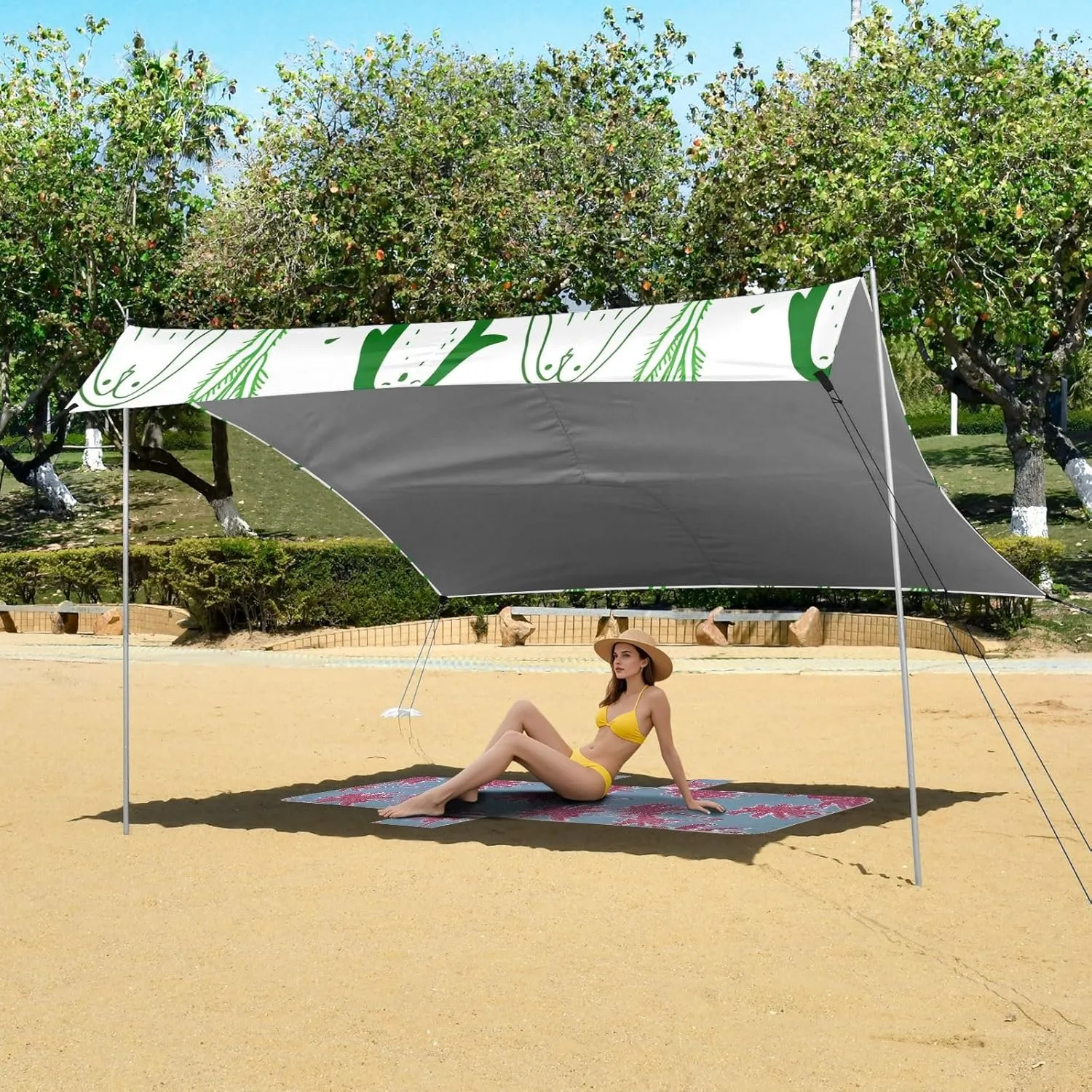 Tent Beach Canopy Green Penguins Christmas Trees Patio Sun Shade Outdoor 9.2 × 10.5 FT Decorative Camping Sun Shelter Yard Canopies with Sand Bags Poles