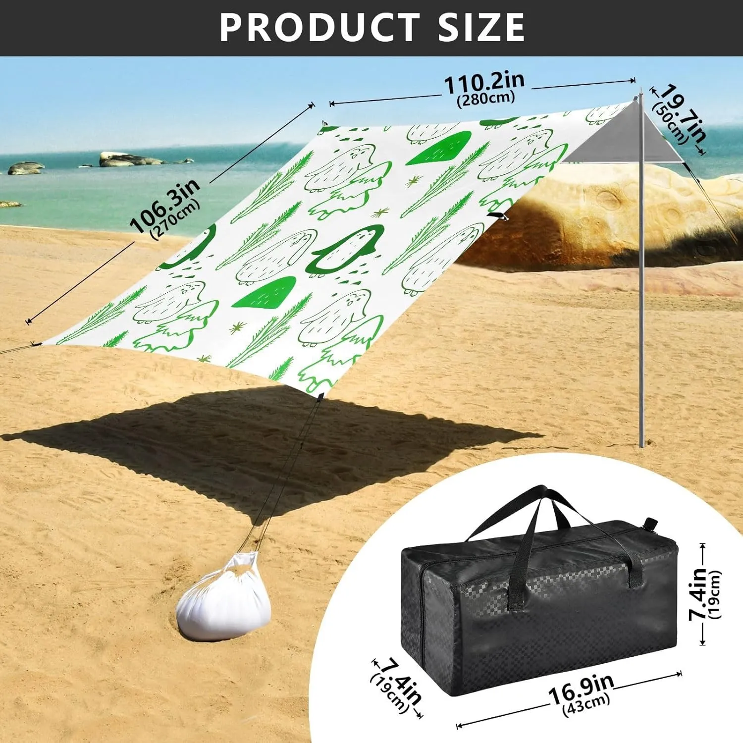 Tent Beach Canopy Green Penguins Christmas Trees Patio Sun Shade Outdoor 9.2 × 10.5 FT Decorative Camping Sun Shelter Yard Canopies with Sand Bags Poles