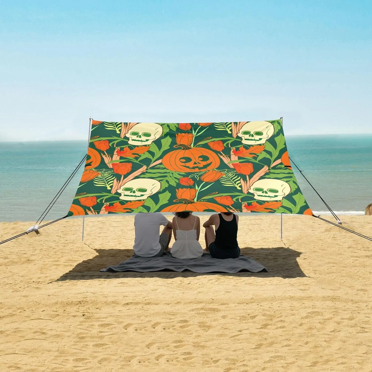 Tent Beach Canopy Sun Shade Outdoor Patio Picnic Camping Sun Shelter with Anchor Poles Easy up Waterproof 9.2 × 10.5 FT Halloween Skull Pumpkin Orange
