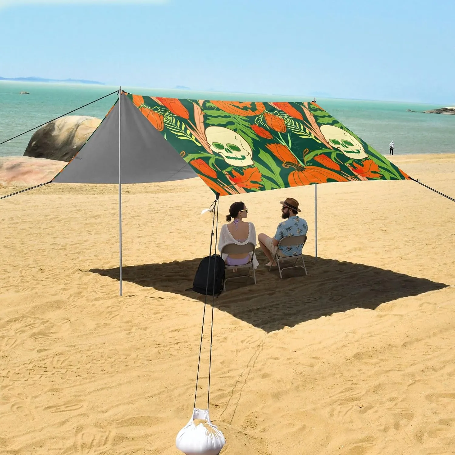 Tent Beach Canopy Sun Shade Outdoor Patio Picnic Camping Sun Shelter with Anchor Poles Easy up Waterproof 9.2 × 10.5 FT Halloween Skull Pumpkin Orange