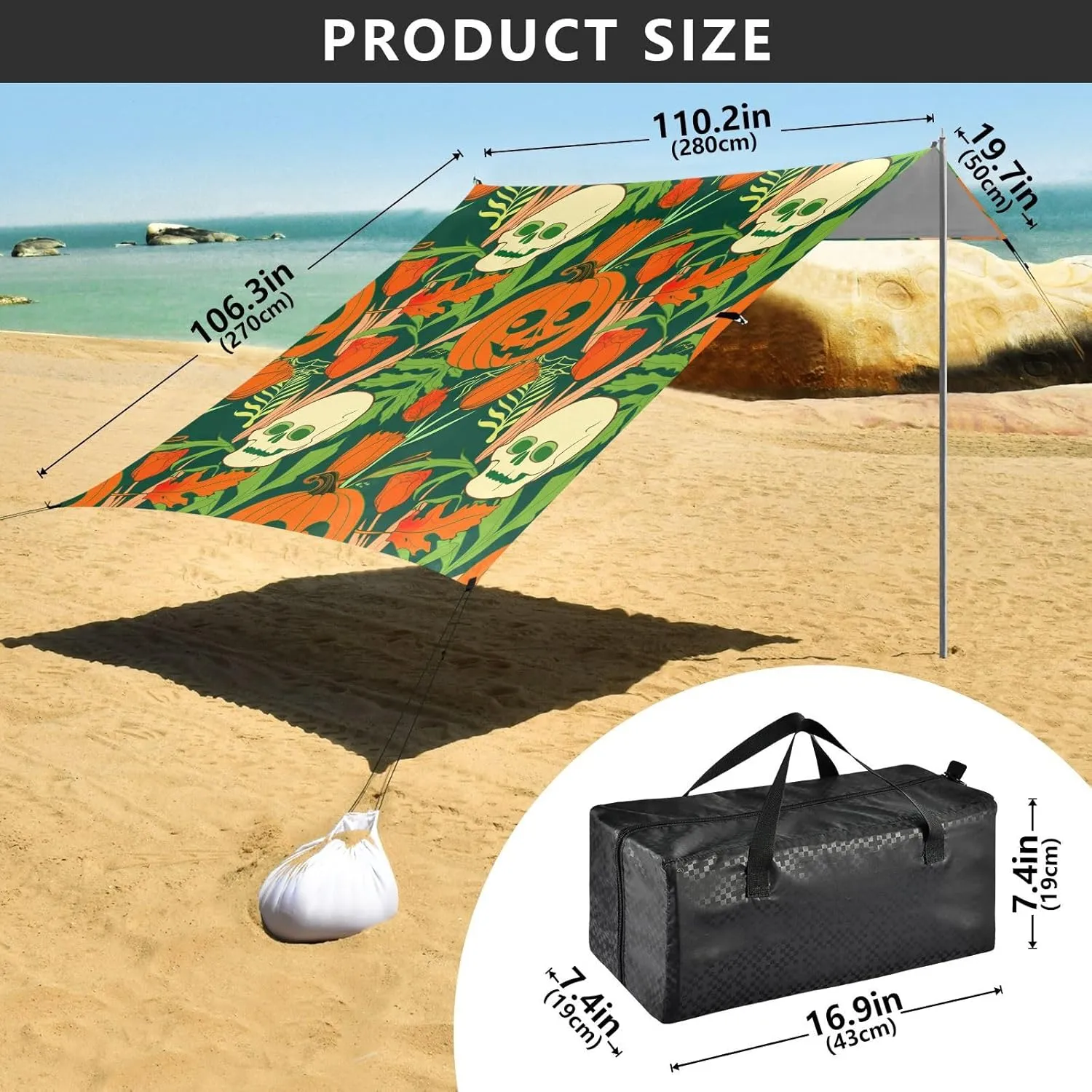 Tent Beach Canopy Sun Shade Outdoor Patio Picnic Camping Sun Shelter with Anchor Poles Easy up Waterproof 9.2 × 10.5 FT Halloween Skull Pumpkin Orange