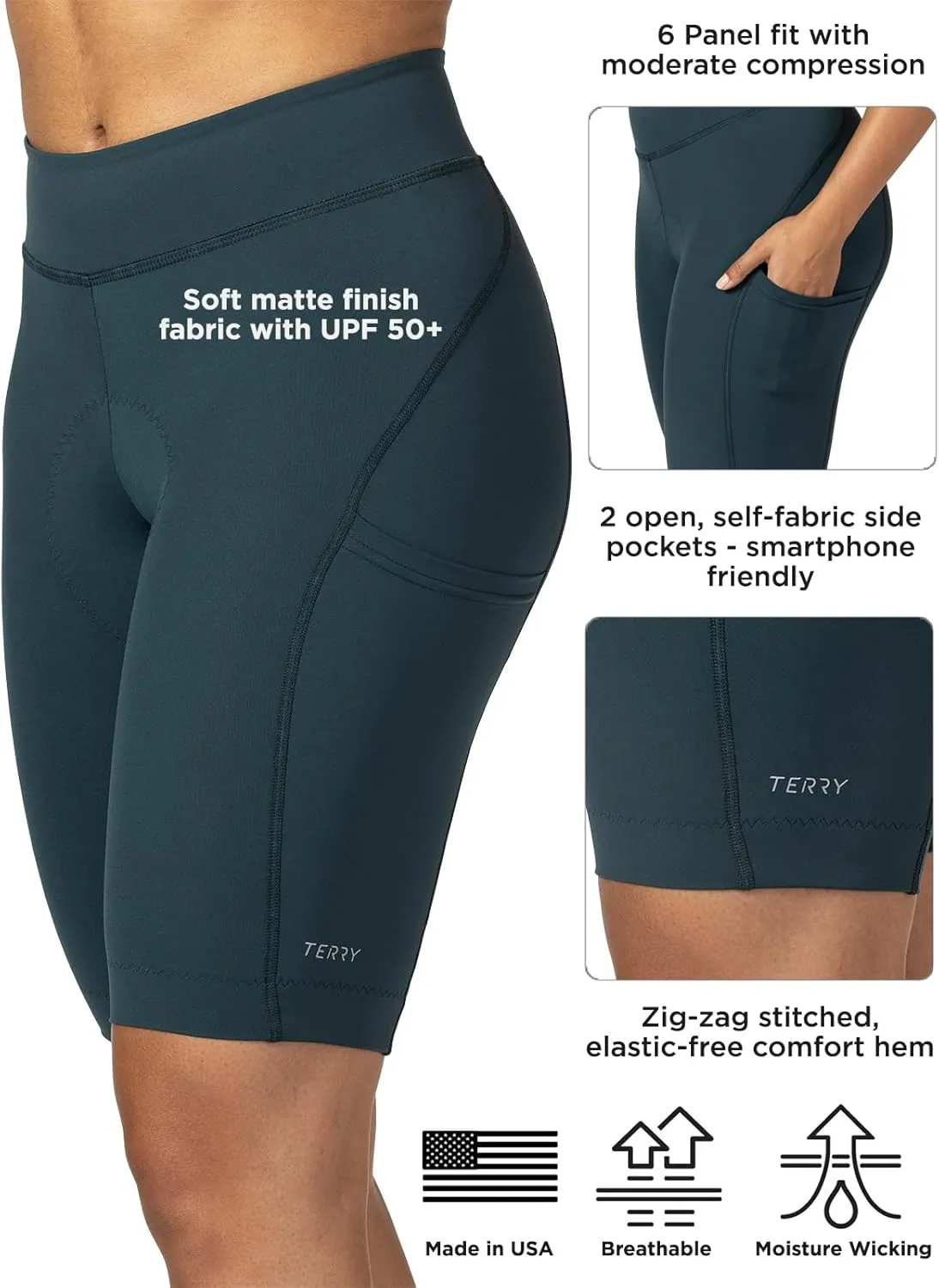 Terry Bike Shorts Women Padded Wayfarer 11 Inch Long Compression Shorts for Women Cycling UPF 50  Touring Bike Shorts