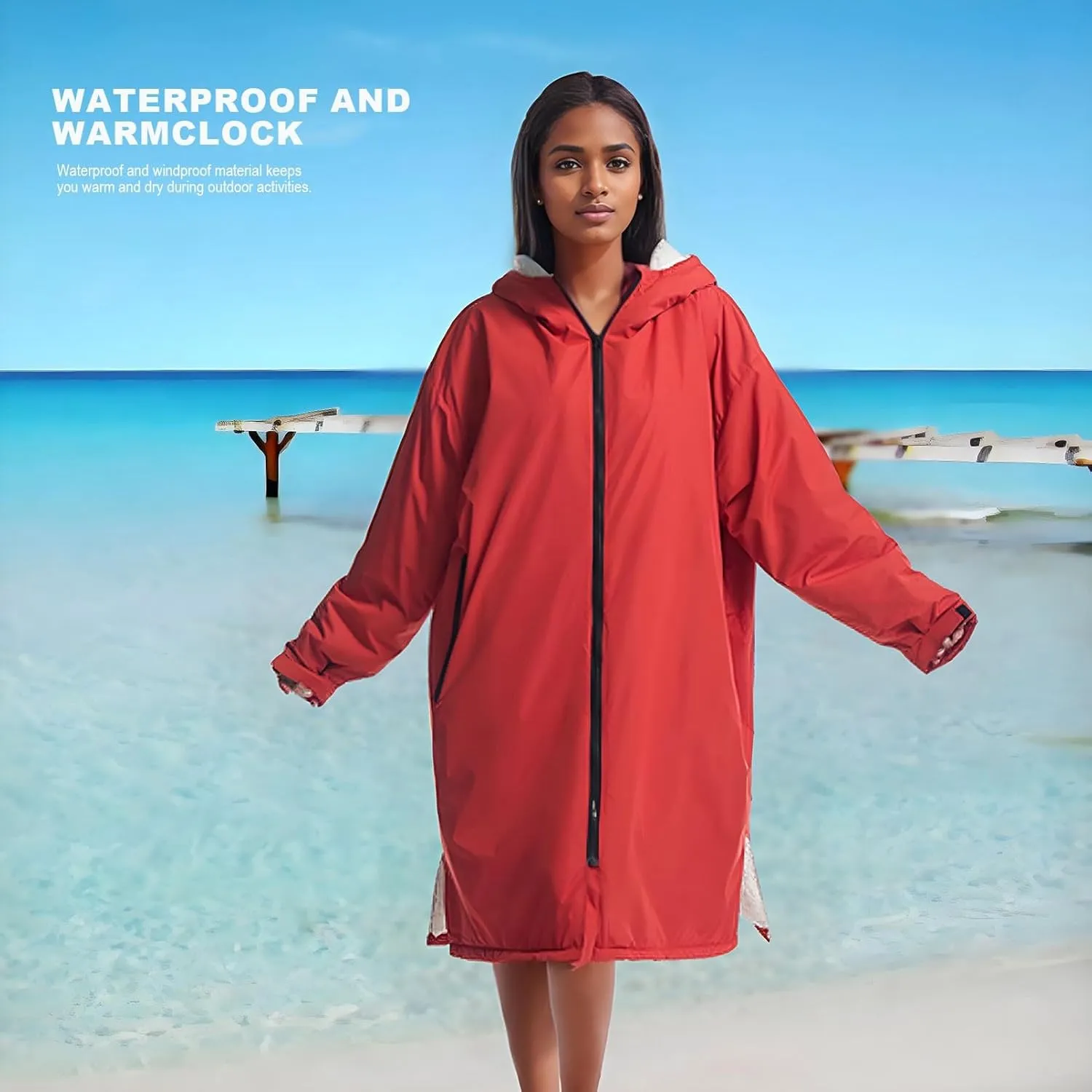 Thermal Surf Poncho Changing Robe Unisex Swim Parka Oversize Long Fleece Waterproof Heat Swimming Jacket Wetsuit Towel Hooded