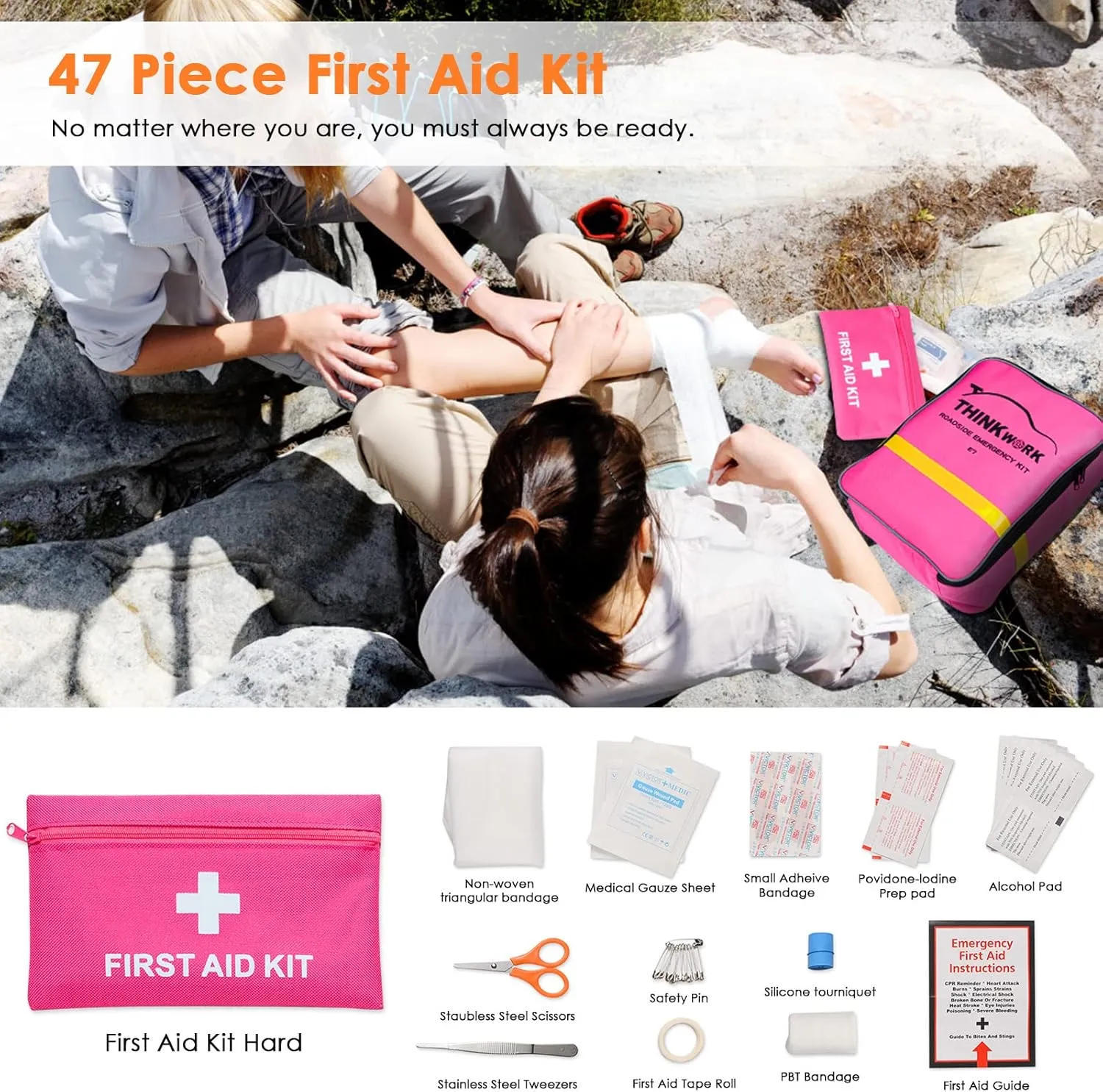 THINKWORK Car Emergency Kit for Teen Girl and Lady's Gifts, Pink Emergency Roadside Assistance kit with Digital Air Compressor, 10FT Jumper, First Aid Kit, and More Ideal Pink Car Accessories Tool -E7