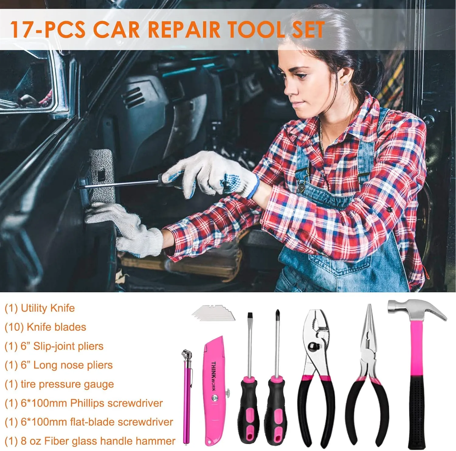 THINKWORK Car Emergency Kit for Teen Girl and Lady's Gifts, Pink Emergency Roadside Assistance kit with Pink Car Tool Set, 10FT Jumper, First Aid Kit, and More Ideal Pink Car Accessories Tool - E8