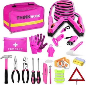 THINKWORK Car Emergency Kit for Teen Girl and Lady's Gifts, Pink Emergency Roadside Assistance kit with Pink Car Tool Set, 10FT Jumper, First Aid Kit, and More Ideal Pink Car Accessories Tool - E8