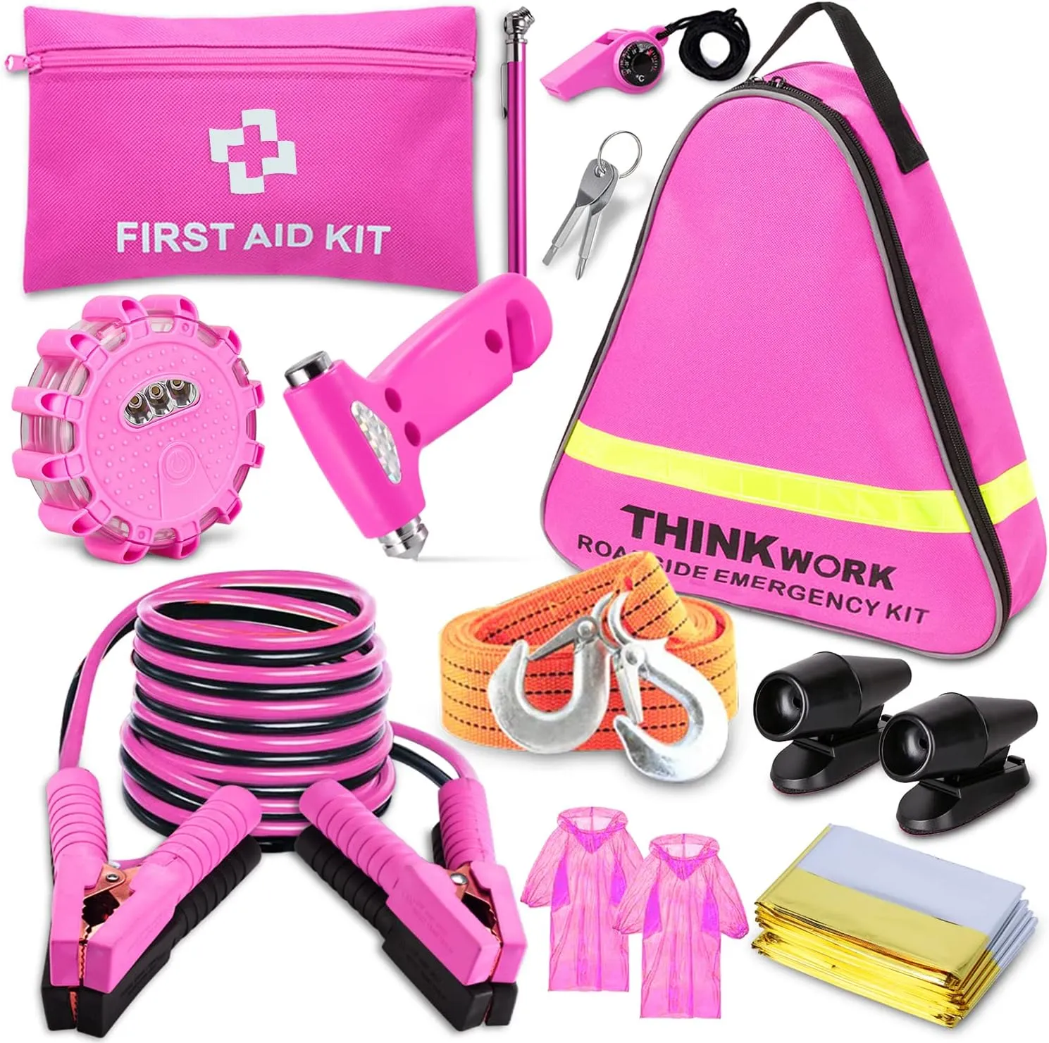THINKWORK Car Emergency Kit for Teen Girls and Lady's Gifts, Pink Emergency Roadside Assistance Kit with 10FT Jumper, First Aid Kit, LED Flare, Deer Whistles, and More Ideal Pink Accessories Tool