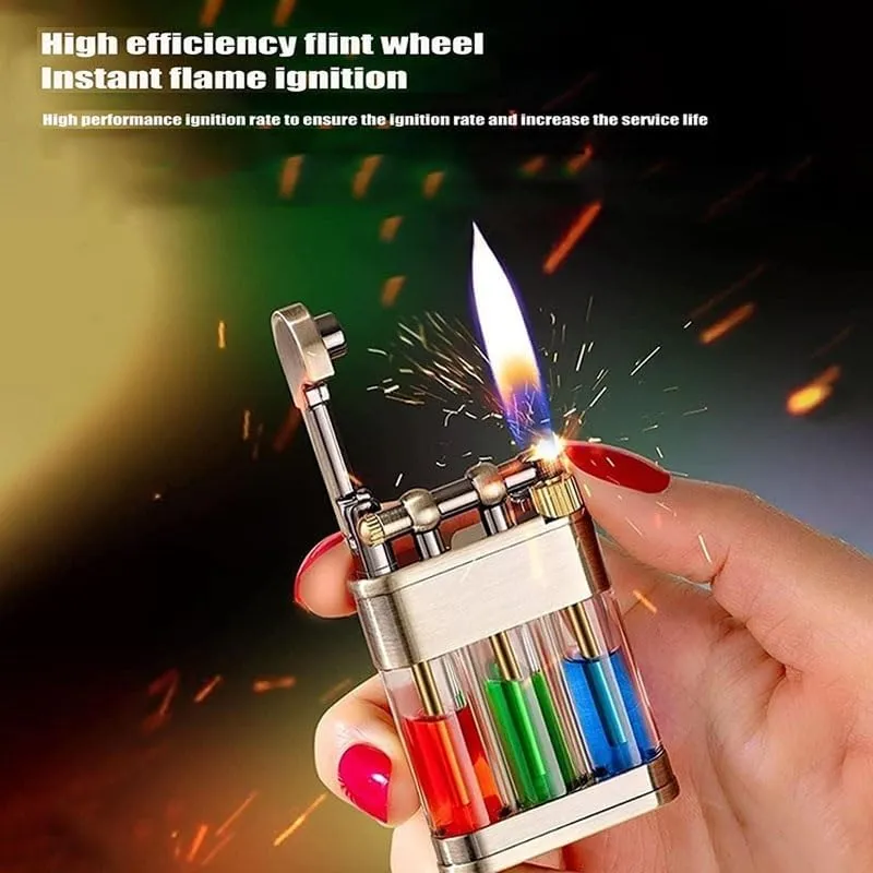 Three-Color Transparent Oil Tank Kerosene Lighter Retro Antique Flint Wheel Soft Flame Gift Box Packaging(Silver)