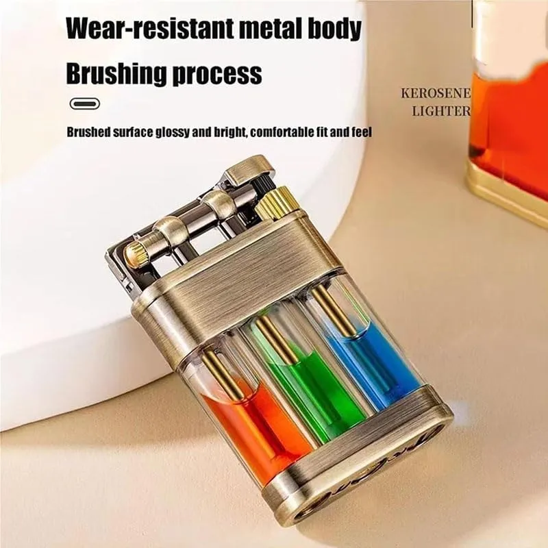 Three-Color Transparent Oil Tank Kerosene Lighter Retro Antique Flint Wheel Soft Flame Gift Box Packaging(Silver)