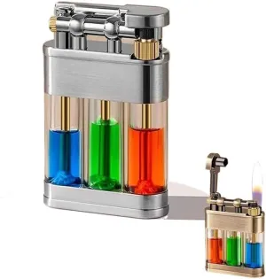 Three-Color Transparent Oil Tank Kerosene Lighter Retro Antique Flint Wheel Soft Flame Gift Box Packaging(Silver)