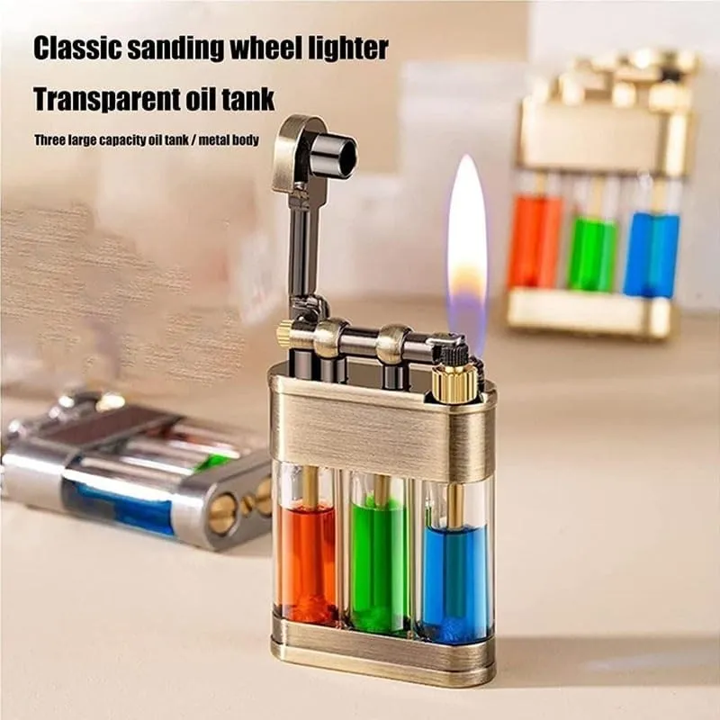 Three-Color Transparent Oil Tank Kerosene Lighter Retro Antique Flint Wheel Soft Flame Gift Box Packaging(Silver)